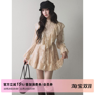 1P STUDIO 蕾丝提花荷叶边小高领连衣裙女秋装灯笼袖收腰公主短裙