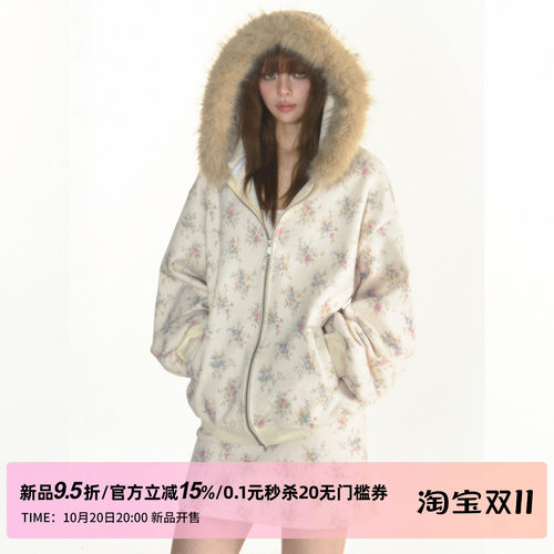 1P STUDIO【10/20 20:00】宽松碎花毛领连帽卫衣高腰短裙两件套装