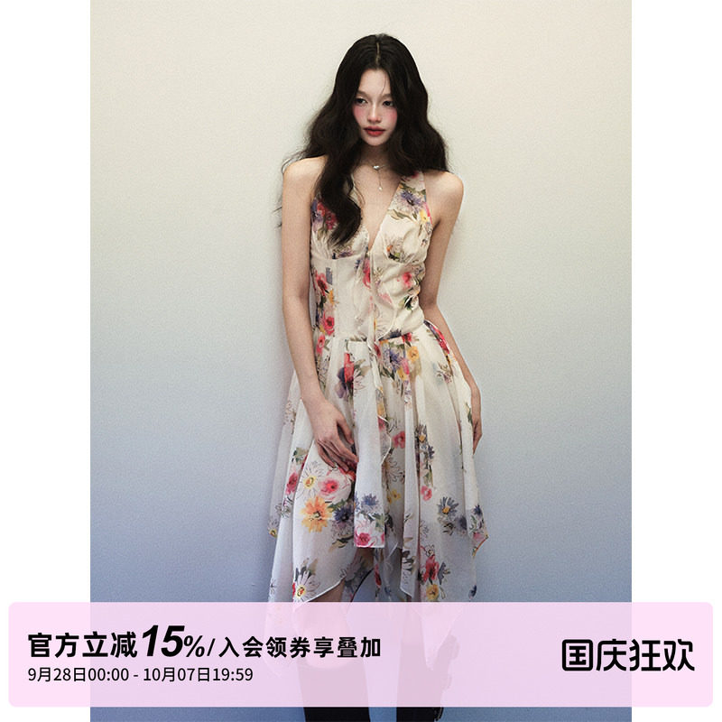 1P STUDIO"烂漫山花"水彩印花无袖连衣裙女秋装不规则V领挂脖裙子