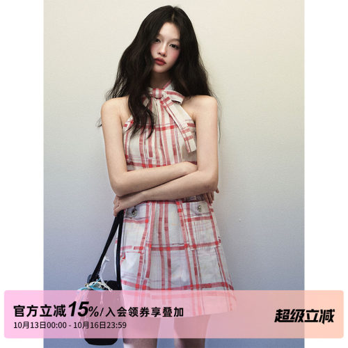 【赵昭仪同款】1P STUDIO 红格纹挂脖连衣裙女蝴蝶结挖肩无袖短裙