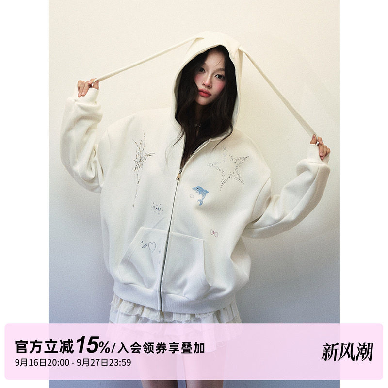 1P STUDIO 大兔耳朵宽松连帽卫衣蝴蝶烫钻直筒裤休闲两件套装女秋