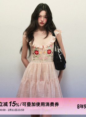 1P STUDIO 纯棉花朵刺绣小飞袖连衣裙女秋冬抽绳系带荷叶V领短裙