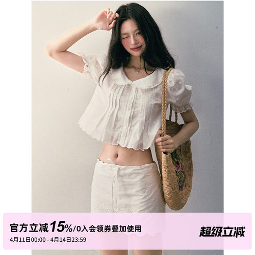 1P STUDIO 白色纯棉波点绣花娃娃领衬衫+蝴蝶结抽绳裙裤两件套装