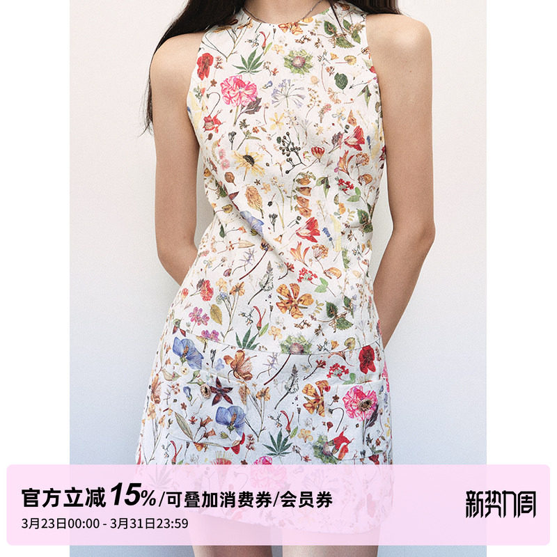 1P STUDIO“风传花信”白色肌理碎花无袖连衣裙女秋冬收腰背心裙