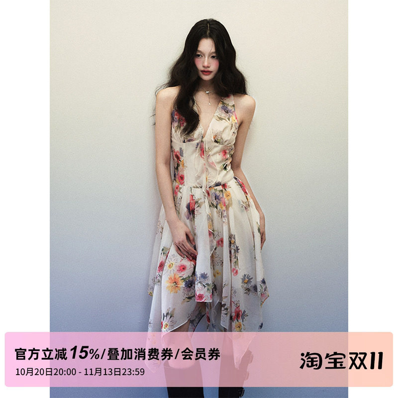 1P STUDIO"烂漫山花"水彩印花无袖连衣裙女秋装不规则V领挂脖裙子