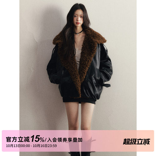 1P STUDIO 黑色亮面卷毛大翻领皮衣外套秋冬宽松加厚夹棉pu皮外套