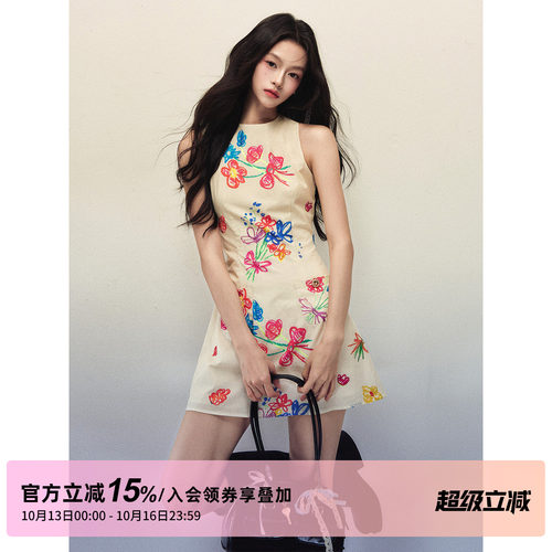 1P STUDIO 艺术手绘彩花背心连衣裙女秋装修身收腰A字无袖短裙子