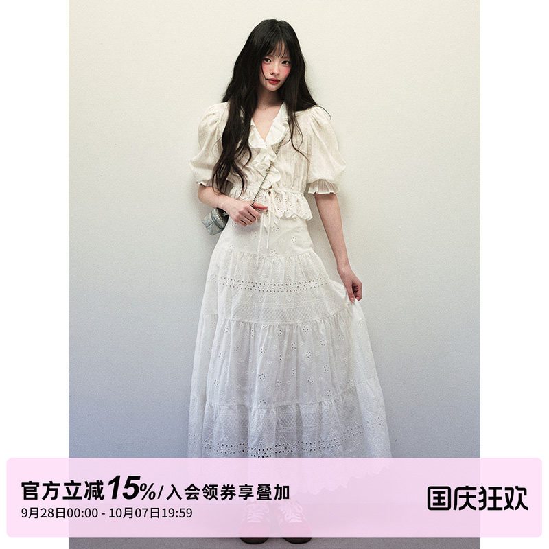 1P STUDIO 白色肌理短款泡泡袖衬衫女秋装镂空刺绣半身裙两件套装