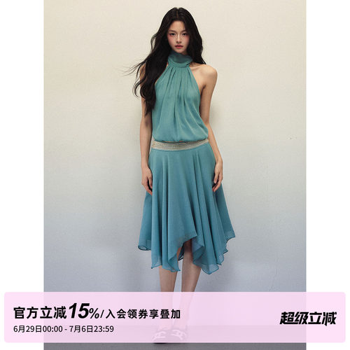 1P STUDIO 湖蓝色雪纺套装裙女夏季短款挂脖上衣不规则半裙两件套