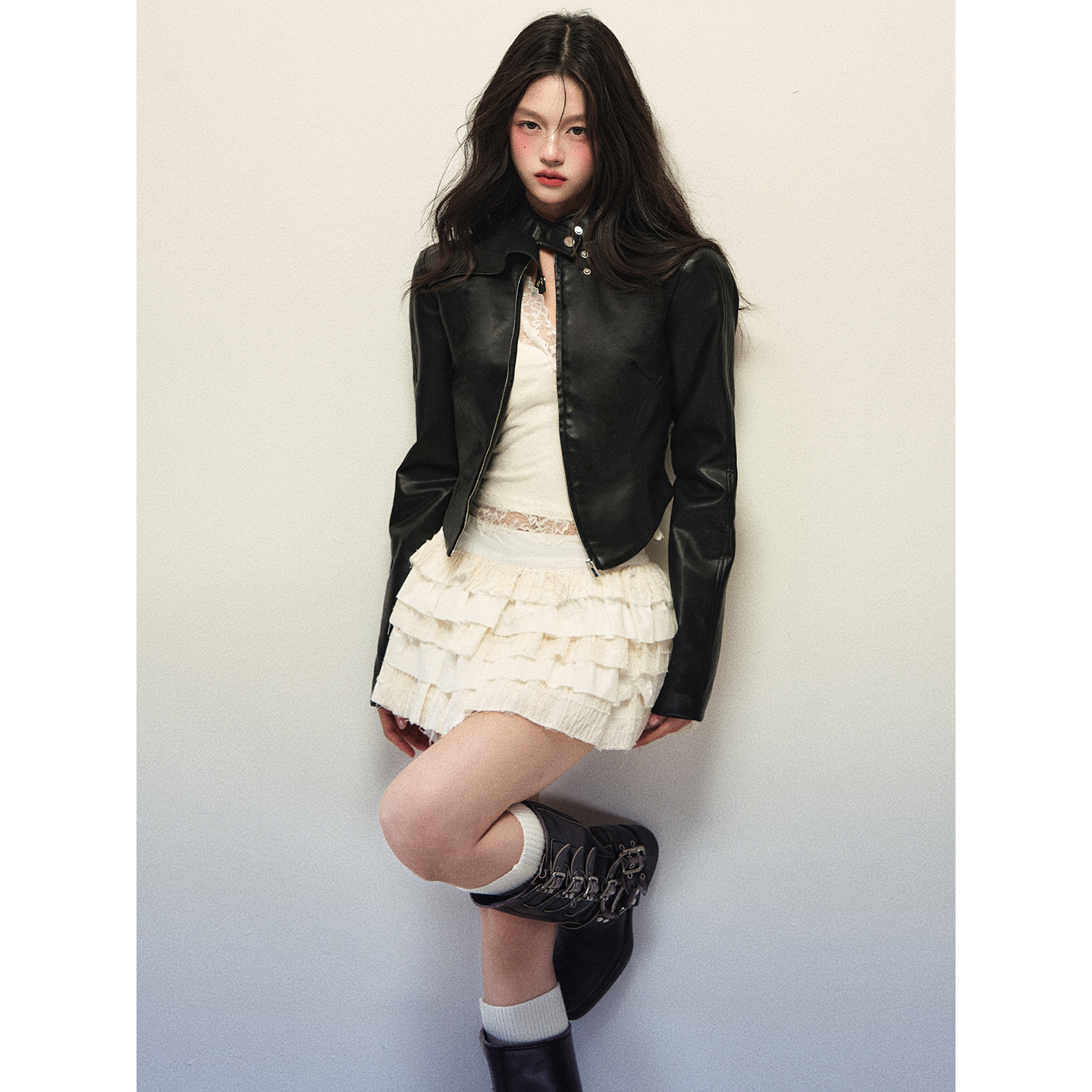 1P STUDIO 黑色立领短款亮面PU皮衣女秋修身收腰机车风夹克皮外套