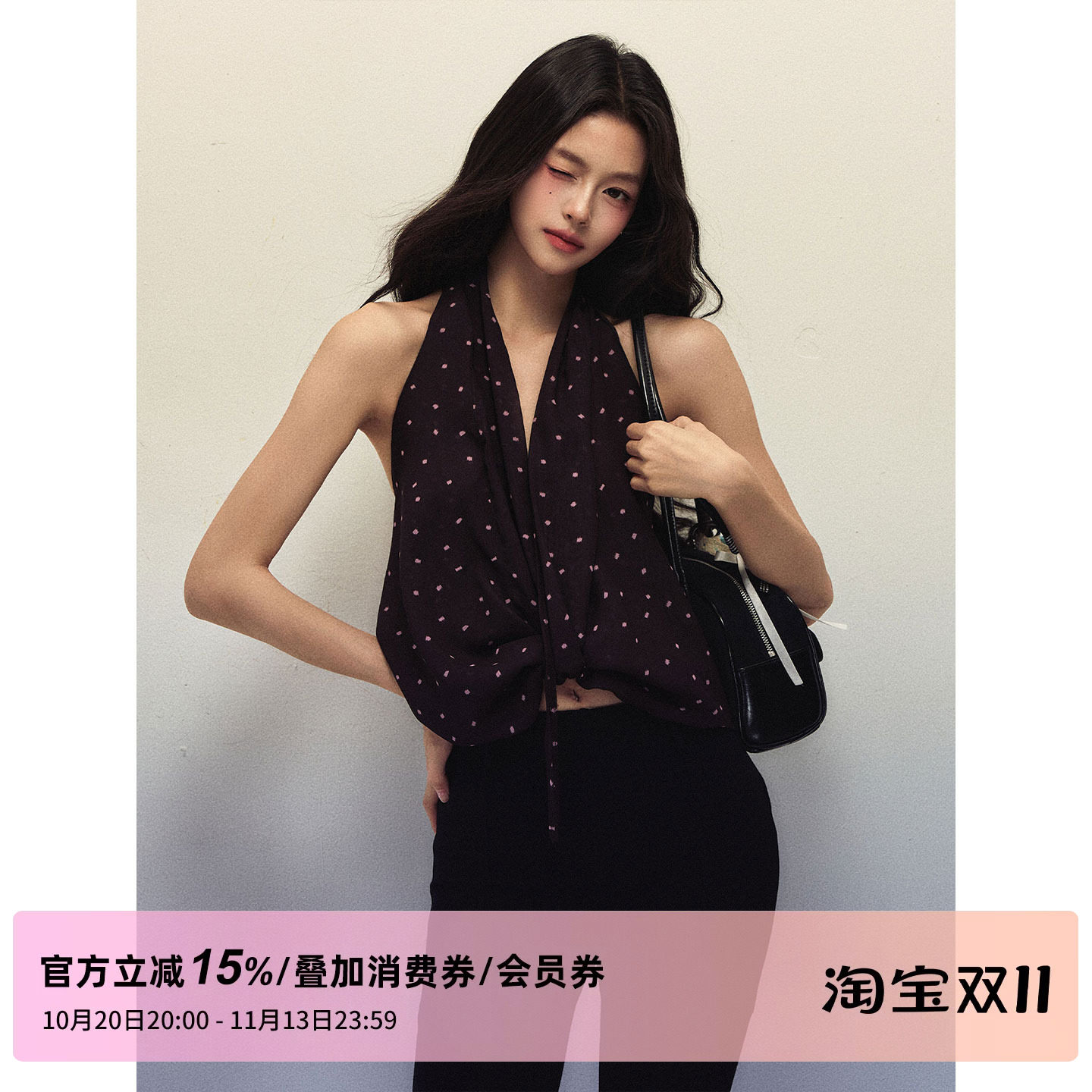 1P STUDIO 波点雪纺V领挂脖上衣女秋装扭结系带修身短款无袖背心