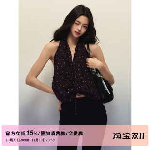 1P STUDIO 波点雪纺V领挂脖上衣女秋装扭结系带修身短款无袖背心