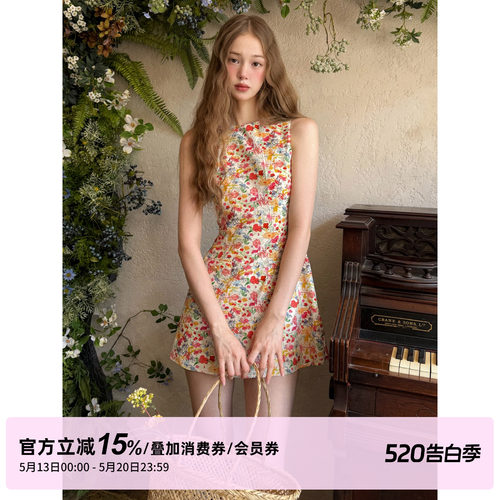 1P STUDIO 撞色小碎花背心连衣裙女夏季纯棉圆领修身收腰无袖短裙