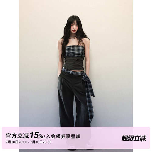 1P STUDIO 格纹拼接辣妹套装女夏季抹胸上衣宽松系带阔腿裤两件套