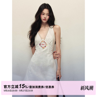1P STUDIO 花卉刺绣蕾丝花边V领连衣裙女秋装收腰修身A字无袖短裙