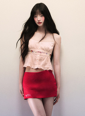 1P STUDIO 红色棉麻低腰包臀短裙女夏季修身显瘦辣妹短款半身裙