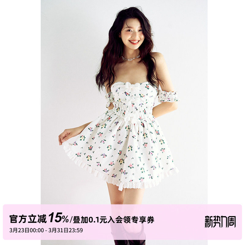 1P STUDIO原创设计 碎花连衣裙女春夏立体蝴蝶结辣妹裙性感抹胸裙