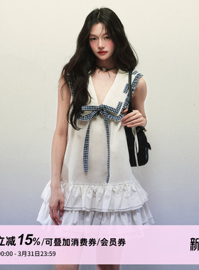 1P STUDIO 白色海军领系带无袖连衣裙女春夏双层荷叶边宽松A字裙