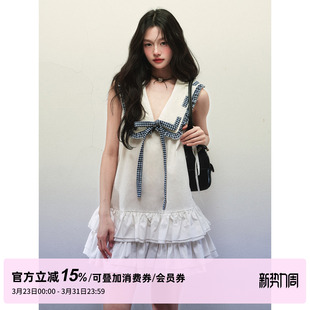 连衣裙女春夏双层荷叶边宽松A字裙 白色海军领系带无袖 STUDIO