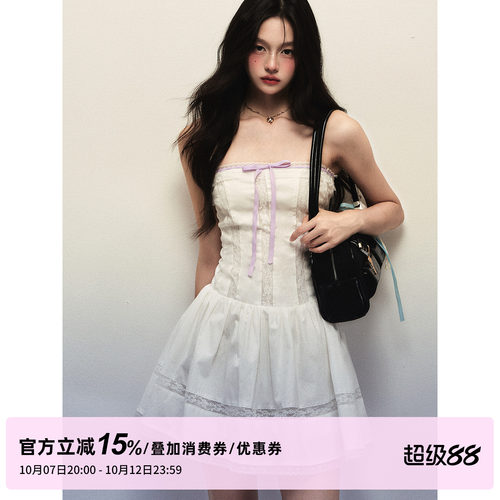 1P STUDIO 白色纯棉蕾丝花边吊带连衣裙女秋装蝴蝶结收腰无袖短裙