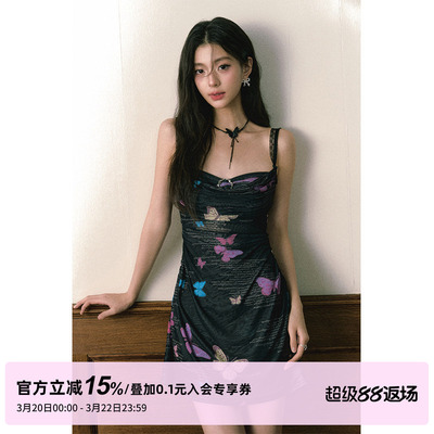 1P STUDIO原创设计 黑底蝴蝶印花吊带连衣裙女春夏弹力网纱短裙子