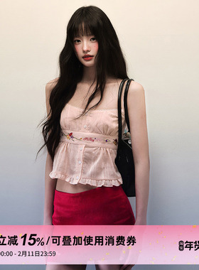 1P STUDIO 纯棉绣花短款背心吊带女秋冬荷叶边设计感内搭外穿上衣