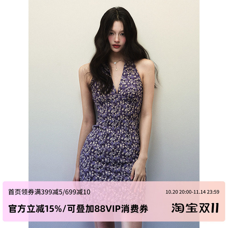 1P STUDIO 深紫色米黄碎花挂脖连衣裙女秋冬收腰露背V领无袖短裙
