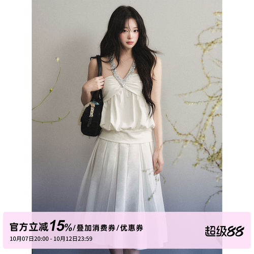 1P STUDIO 亮片拼接V领挂脖上衣女秋小众设计感宽松针织背心上衣