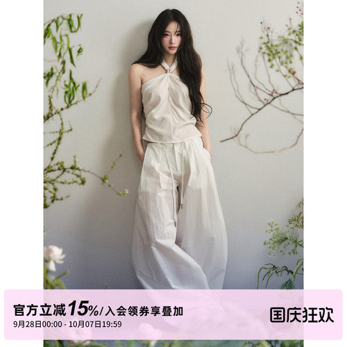 1P STUDIO 白色天丝纽结挂脖上衣休闲棉麻阔腿长裤两件套装女秋装