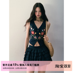 1P STUDIO 棉麻花朵绣花V领收腰马甲上衣+低腰蛋糕半身裙两件套装