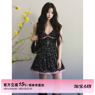 1P STUDIO 黑色碎花V领吊带连衣裙女夏粉色蕾丝花边收腰无袖短裙