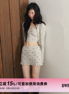 1P STUDIO 浅灰色紫碎花针织套装女秋冬短款开衫吊带短裙三件套装