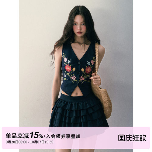1P STUDIO 棉麻花朵绣花V领收腰马甲上衣+低腰蛋糕半身裙两件套装