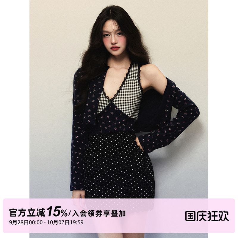 1P STUDIO 碎花短款针织开衫+格子拼接波点背心裙两件套装女秋冬