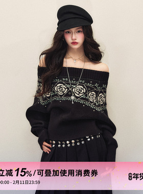 1P STUDIO 黑色玫瑰提花一字肩宽松毛衣女秋冬季氛围感针织衫上衣