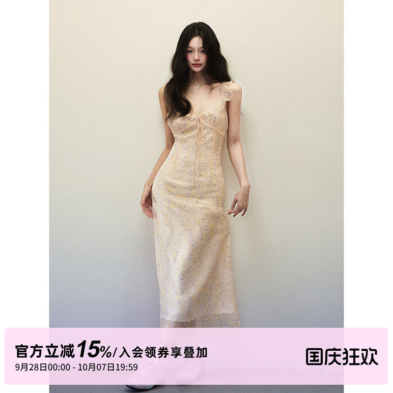 1P STUDIO 淡紫碎花雪纺小飞袖连衣裙女秋装修身收腰包臀V领短裙