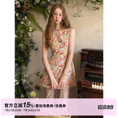 1P STUDIO 撞色小碎花背心连衣裙女夏季纯棉圆领修身收腰无袖短裙