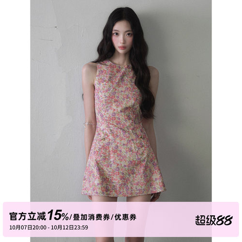 1P STUDIO 油画感碎花无袖连衣裙女秋装收腰修身短款A字背心裙子