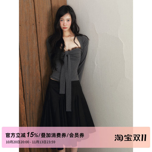 1P STUDIO 深花灰貂毛拼接蝴蝶结抹胸上衣长袖针织坎肩外套两件套