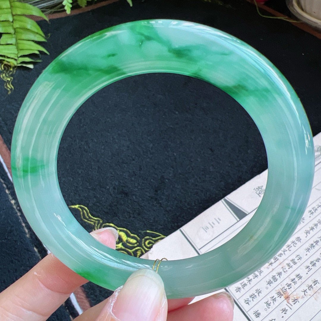 圆条56圈口缅甸天然A货老坑种翡翠手镯玉镯子平洲翡翠手镯精选
