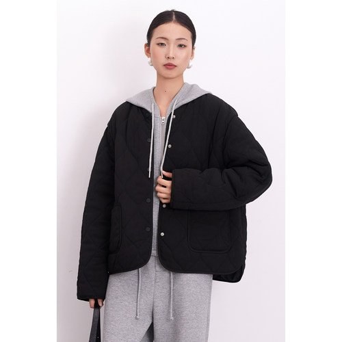 棉服短款轻薄小棉袄宽松菱格夹棉冬季外套女新款休闲圆领棉衣黑色