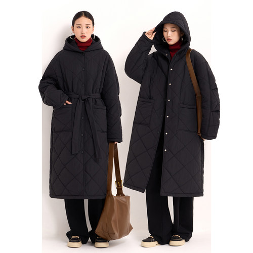 复古菱格宽松加厚连帽棉服棉衣黑