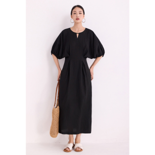 长裙气质巨好看掐腰茶歇短袖 裙子连衣裙黑色夏季 流行连身裙女新款