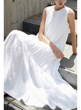 CR连衣裙子春夏新款斯马克工艺圆领无袖松弛风女装裙子白色长裙
