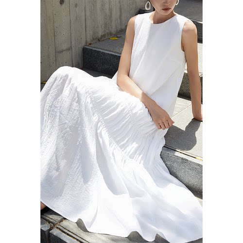 斯马克抽褶无袖宽松长裙海边通勤