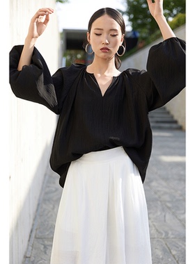 CR衬衫上衣衬衣春夏秋小衫女装新款chic气质宽松松弛长袖黑色罩衫