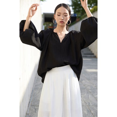 CR黑色宽松圆领长袖衬衫上衣