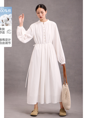 白色连衣裙长袖长裙立领抽绳收腰显瘦连身裙2026春秋宽松韩版女装