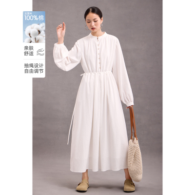 白色连衣裙长袖长裙立领抽绳收腰显瘦连身裙2025春秋宽松韩版女装