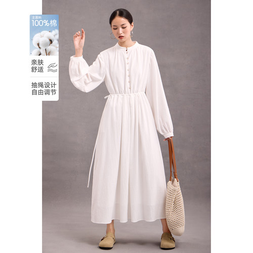 白色连衣裙长袖长裙立领抽绳收腰显瘦连身裙2025春秋宽松韩版女装